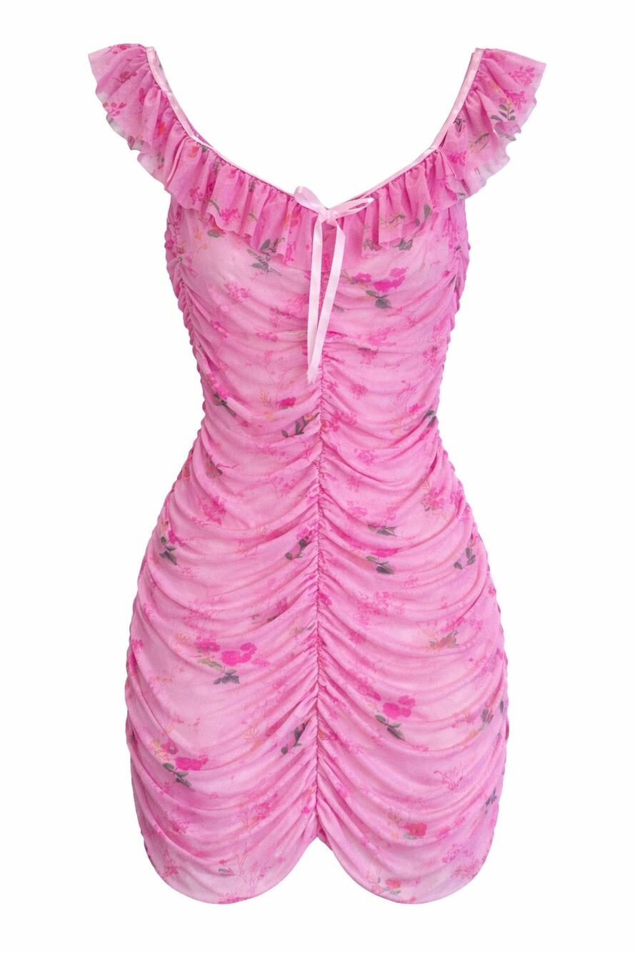Pink Sheer Ruched Mesh Mini Dress Floral Ruffle Coquette Bodycon Stretch L Y2K
